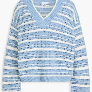 GANNI - BLUE STRIPED COTTON V-NECK JUMPER - S/M - NWT